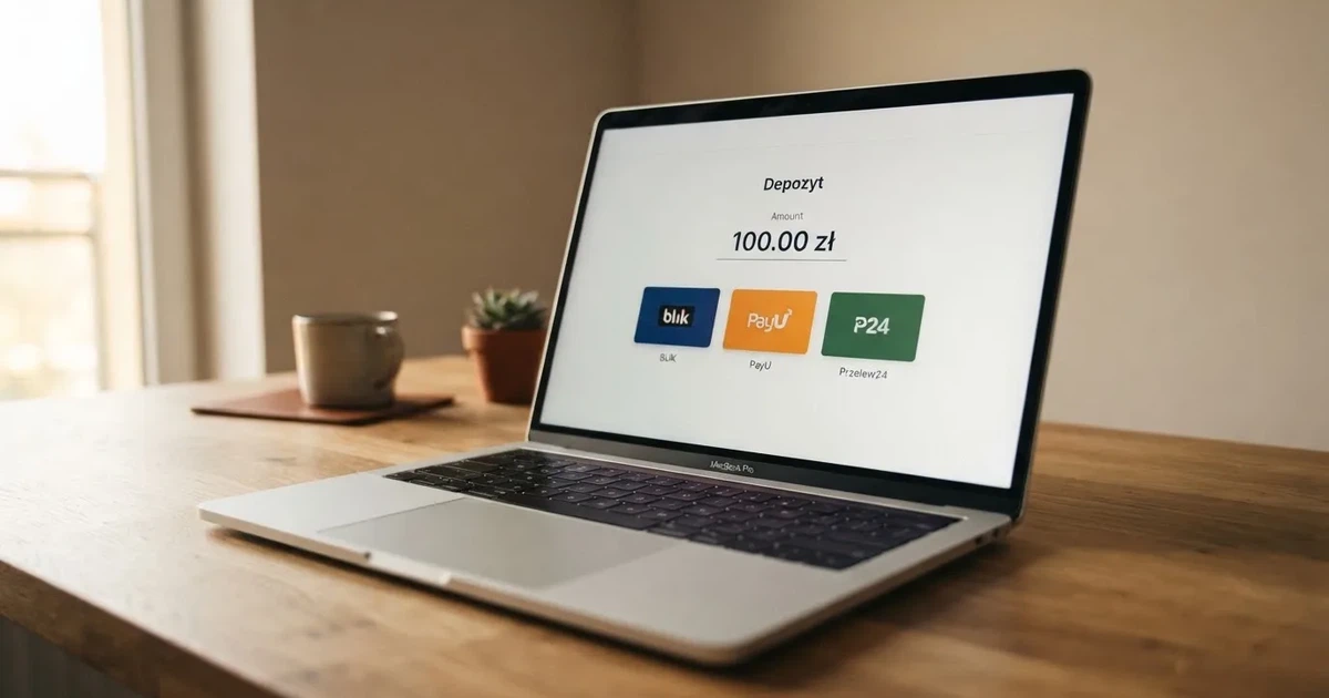 Laptop z oknem wpłaty na ePortfel, wpisana kwota 100 zł i lista metod: BLIK, karta płatnicza, szybki przelew