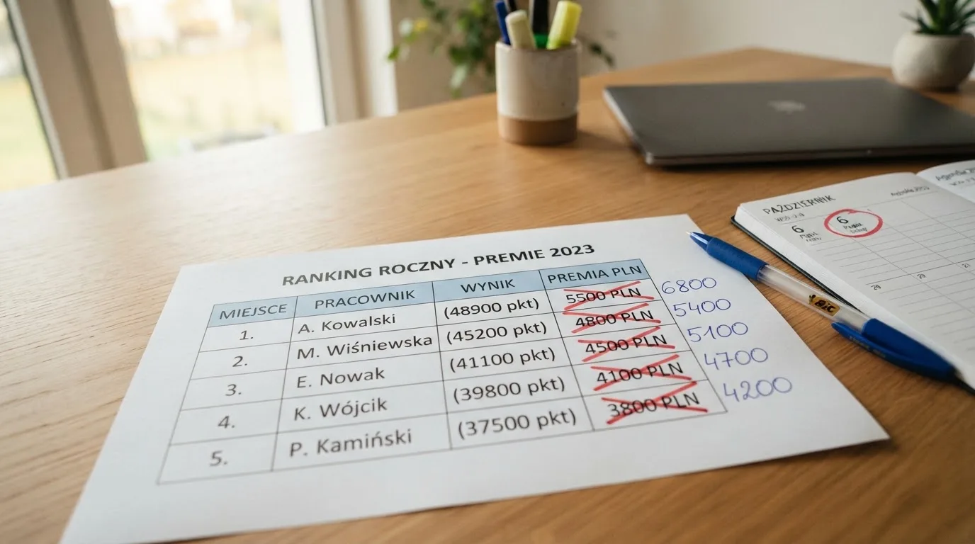 Wydruk rankingu z przekreślonymi i poprawionymi kwotami bonusów leżący obok kalendarza z zaznaczoną datą
