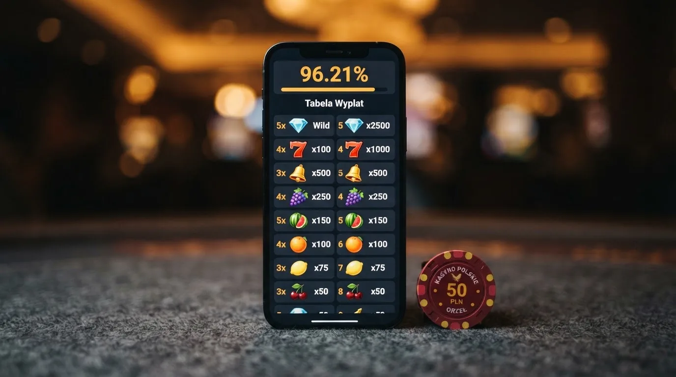ekran automatu online z otwartą tabelą wypłat pokazującą wartość procentową RTP
