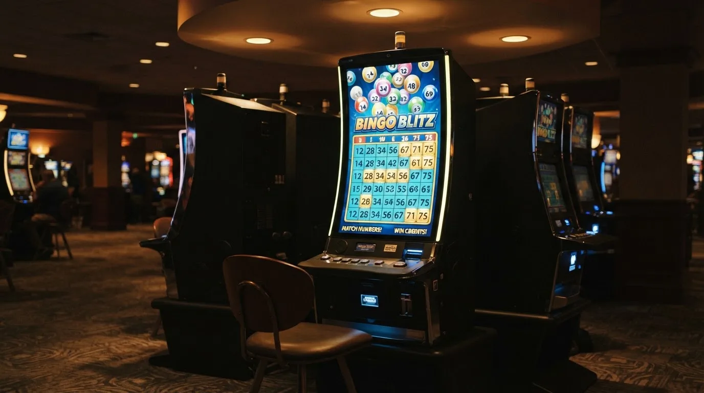 Ekran automatu do gry z kolorową planszą w stylu bingo i podświetlonymi liczbami