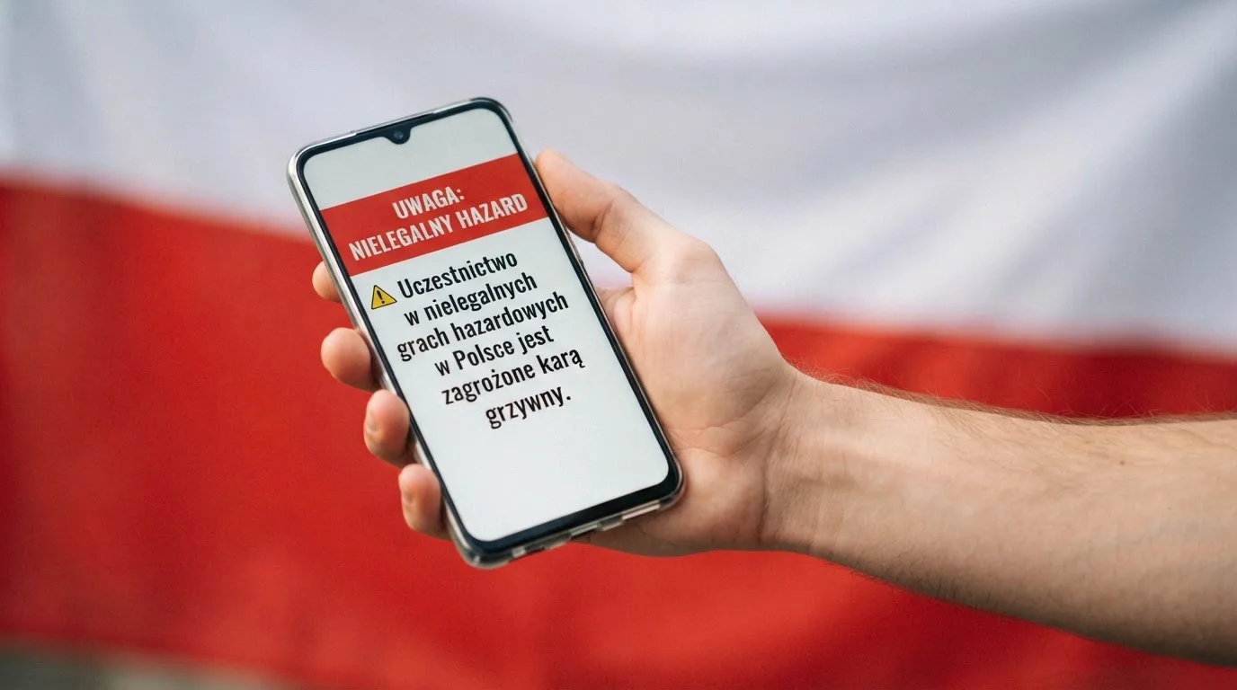 Dłoń trzymająca telefon z widocznym komunikatem ostrzegawczym o legalności hazardu online na tle biało-czerwonej flagi Polski.
