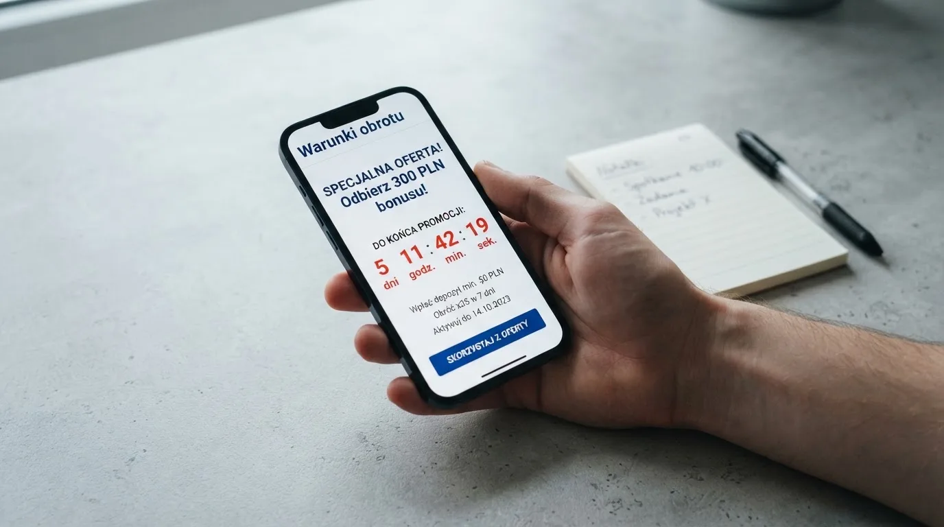 Zbliżenie na telefon z listą warunków promocji i licznikiem odliczającym dni do końca oferty