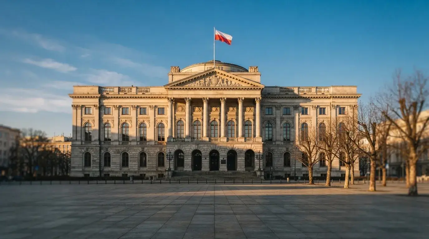 Fasada budynku instytucji państwowej z flagą Polski, symbol nadzoru regulatora nad rynkiem gier hazardowych