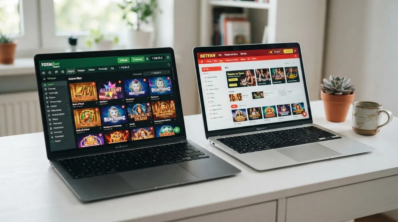 Dwa ekrany logowania kasyna online obok siebie na biurku, jeden z polskim interfejsem złotówkowym, symbolizujące porównanie dwóch różnych serwisów