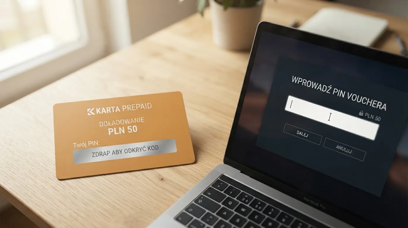 Karta przedpłacona Paysafecard z zasłoniętym polem kodu PIN obok klawiatury laptopa