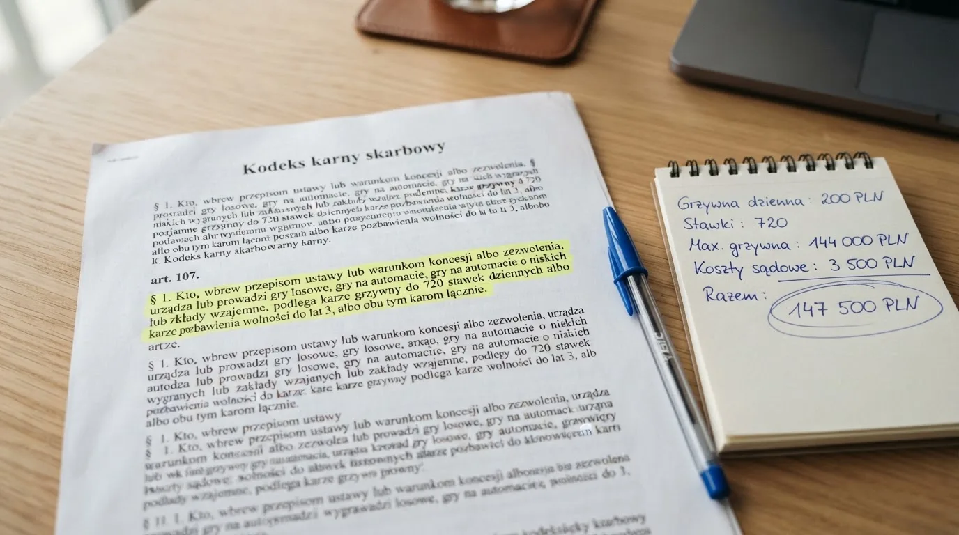 Wydruk kodeksu karnego skarbowego z zakreślonym artykułem obok kalkulatora i długopisu na biurku