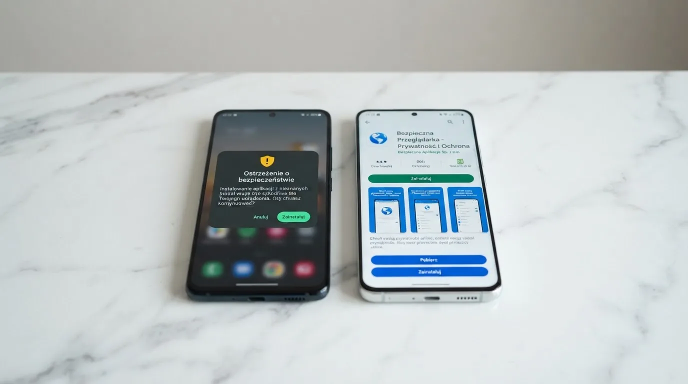 Dwa telefony obok siebie: na jednym komunikat zgody na instalację pliku APK z nieznanego źródła, na drugim strona aplikacji w sklepie z przyciskiem pobierania