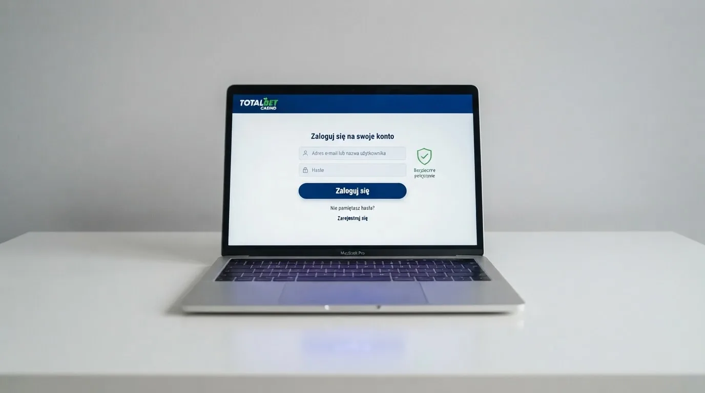 Strona logowania oficjalnej platformy Total Casino na ekranie laptopa, jedynego legalnego kasyna online w Polsce