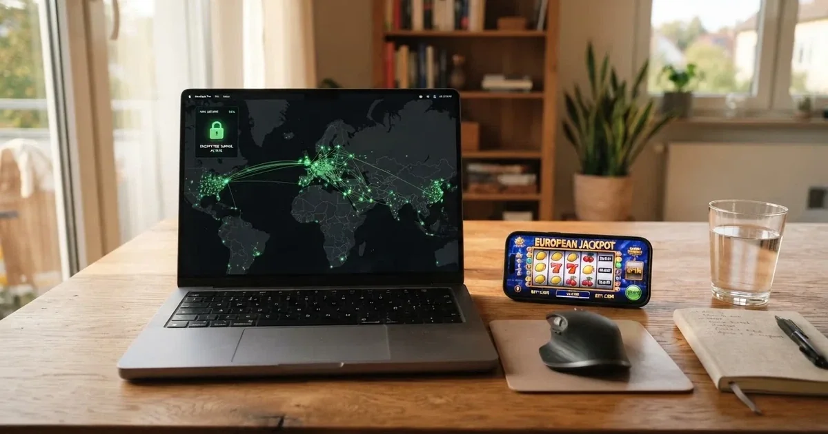 Laptop na biurku z włączoną aplikacją VPN i mapą serwerów w kilku krajach obok otwartej przeglądarki