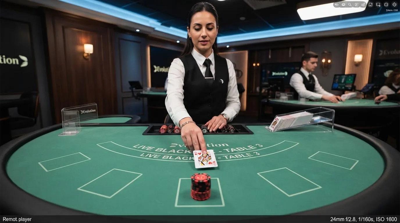 Krupier rozdający karty przy stole blackjacka podczas transmisji na żywo