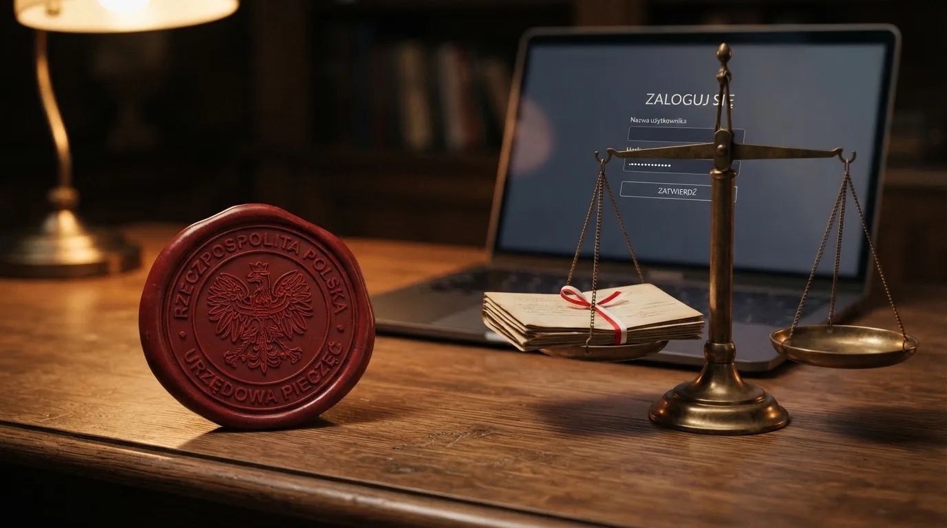 Symboliczna pieczęć urzędowa i waga obok ekranu logowania do serwisu hazardowego