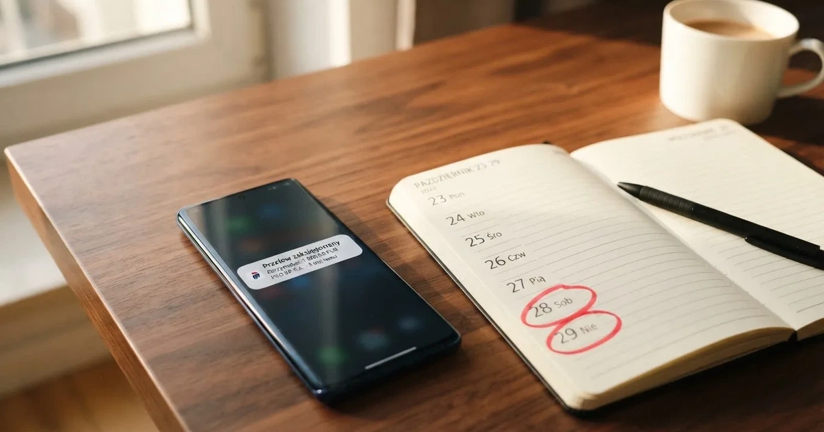 Smartfon z powiadomieniem o zaksięgowanym przelewie przychodzącym, obok papierowy kalendarz z zakreśloną sobotą i niedzielą