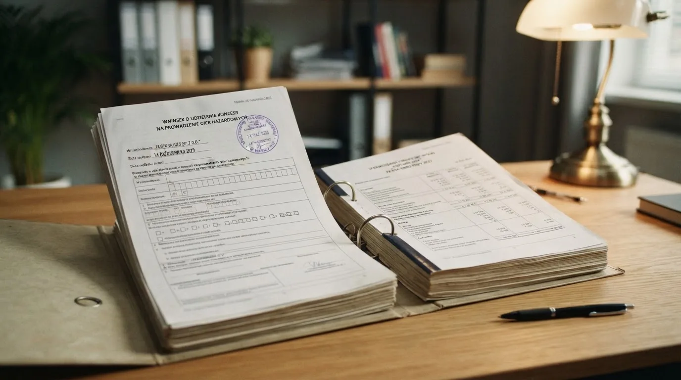 Segregator z wnioskiem o koncesję na kasyno gry, wydrukiem sprawozdania finansowego i urzędową pieczątką leżący na biurku