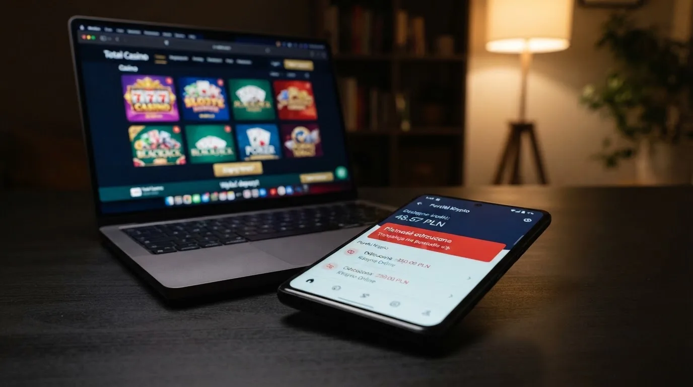 Smartfon z otwartym portfelem kryptowalut i komunikatem o odrzuconej płatności leżący obok laptopa