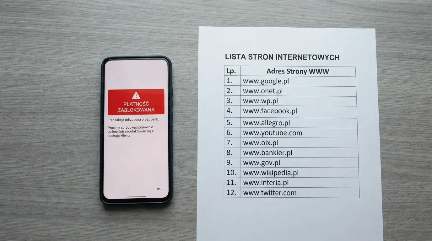 Telefon z komunikatem o odrzuconej płatności na ekranie, obok wydruk tabeli z listą zablokowanych adresów stron