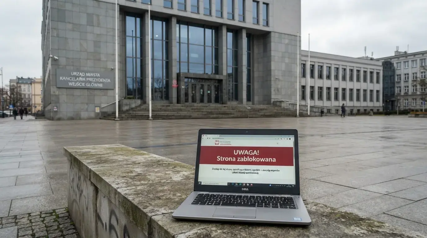 Budynek urzędu z tablicą ministerstwa, na pierwszym planie laptop z komunikatem o zablokowanej stronie kasyna