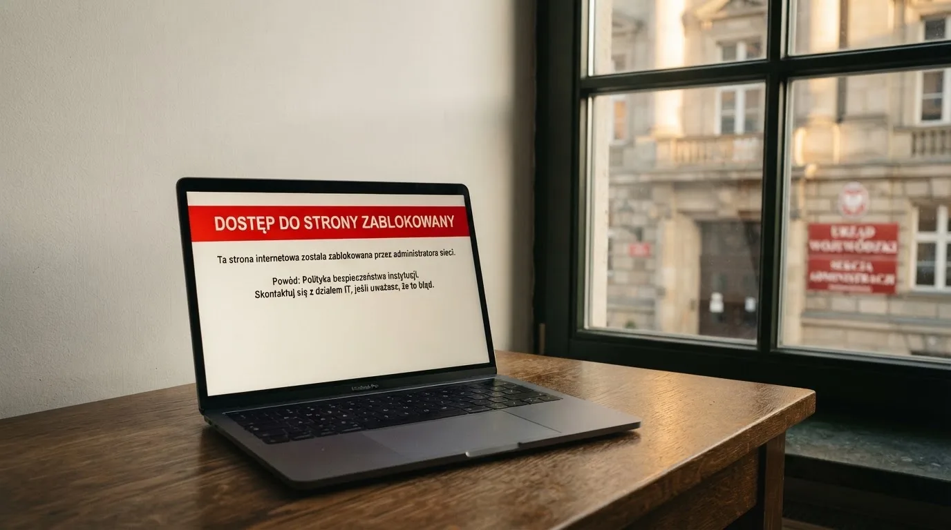 Laptop z komunikatem o zablokowanej stronie hazardowej, w tle budynek urzędu z tablicą ministerstwa