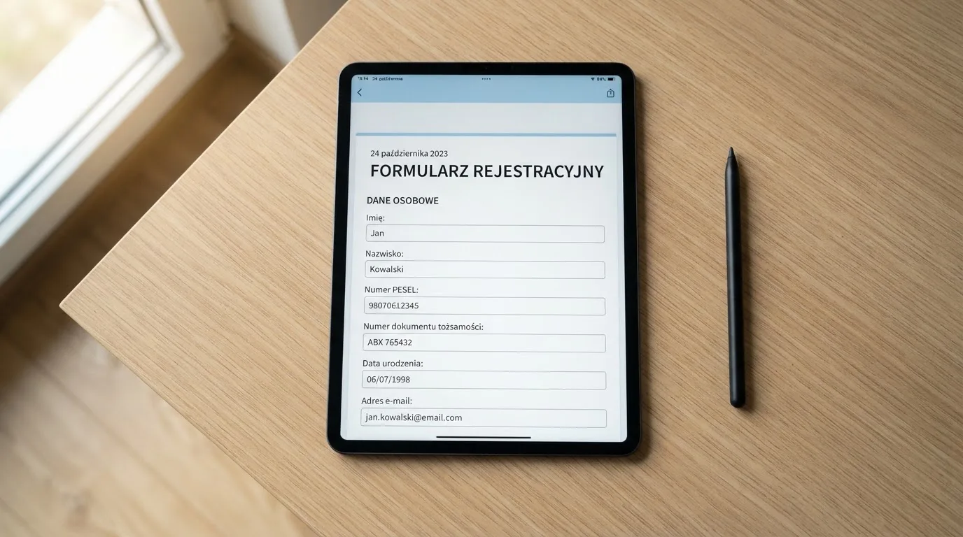 Formularz rejestracji konta gracza z polami na PESEL i numer dokumentu tożsamości na ekranie tabletu