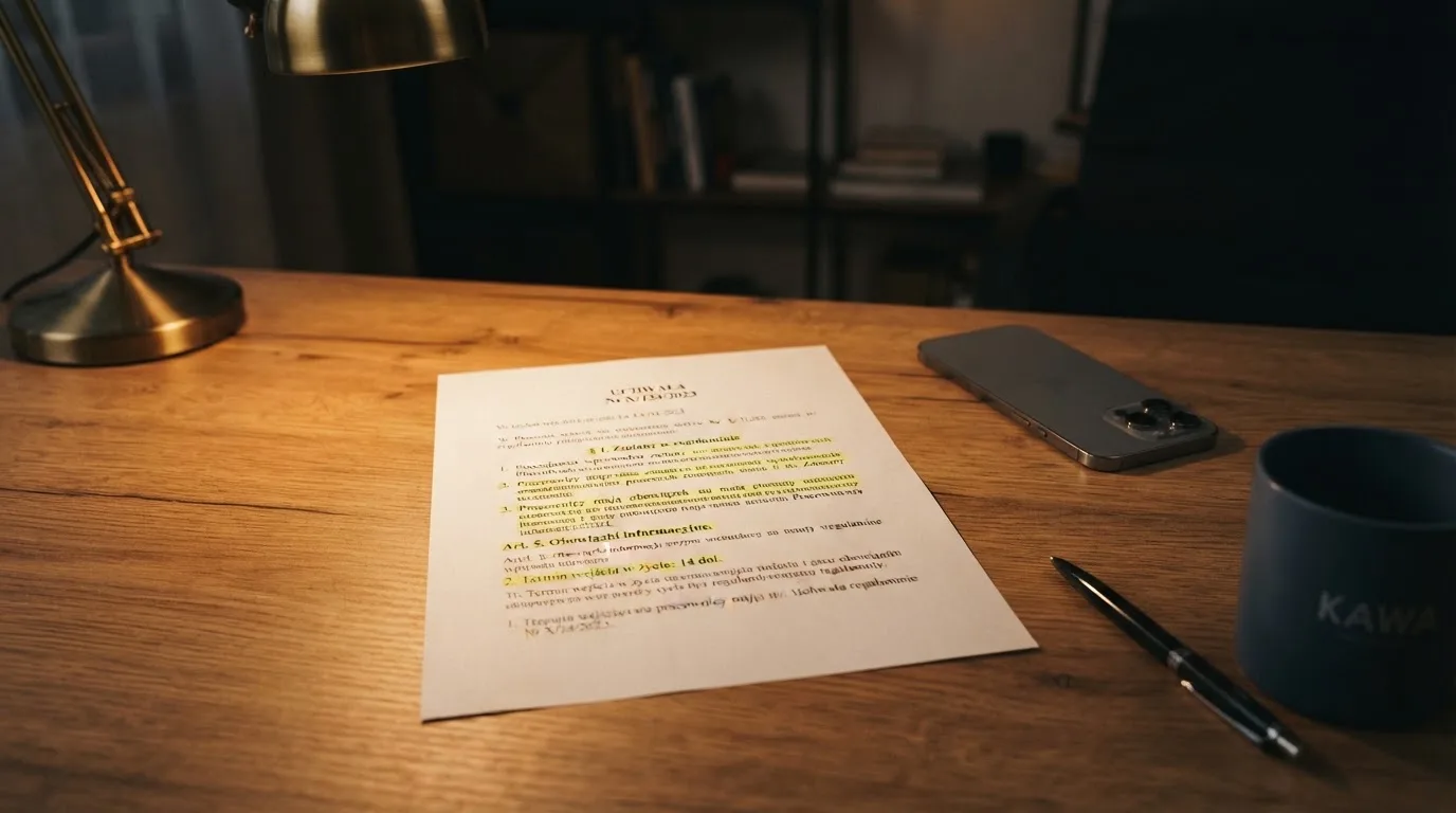 Wydruk ustawy o grach hazardowych z zakreślonymi artykułami leżący na biurku obok wyłączonego smartfona