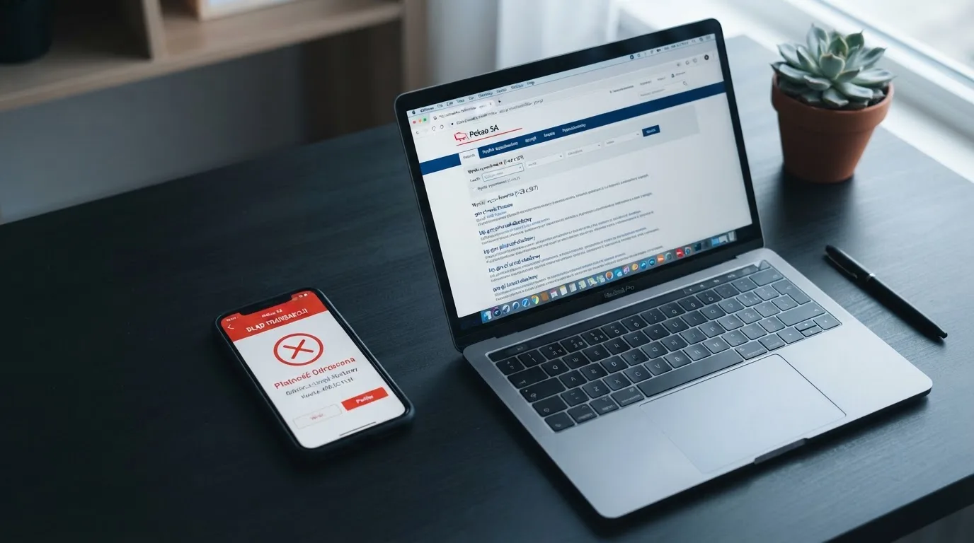 Ekran telefonu z odrzuconą płatnością BLIK obok otwartej w przeglądarce wyszukiwarki rejestru domen Ministerstwa Finansów