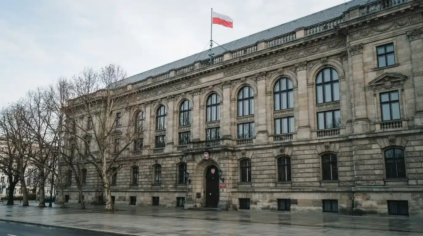 Budynek urzędu administracji państwowej z flagą Polski na maszcie w tle