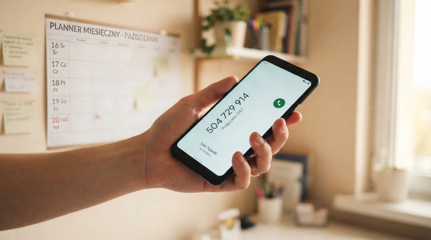 Dłoń trzymająca telefon z wybranym numerem infolinii wsparcia, w tle kalendarz ścienny